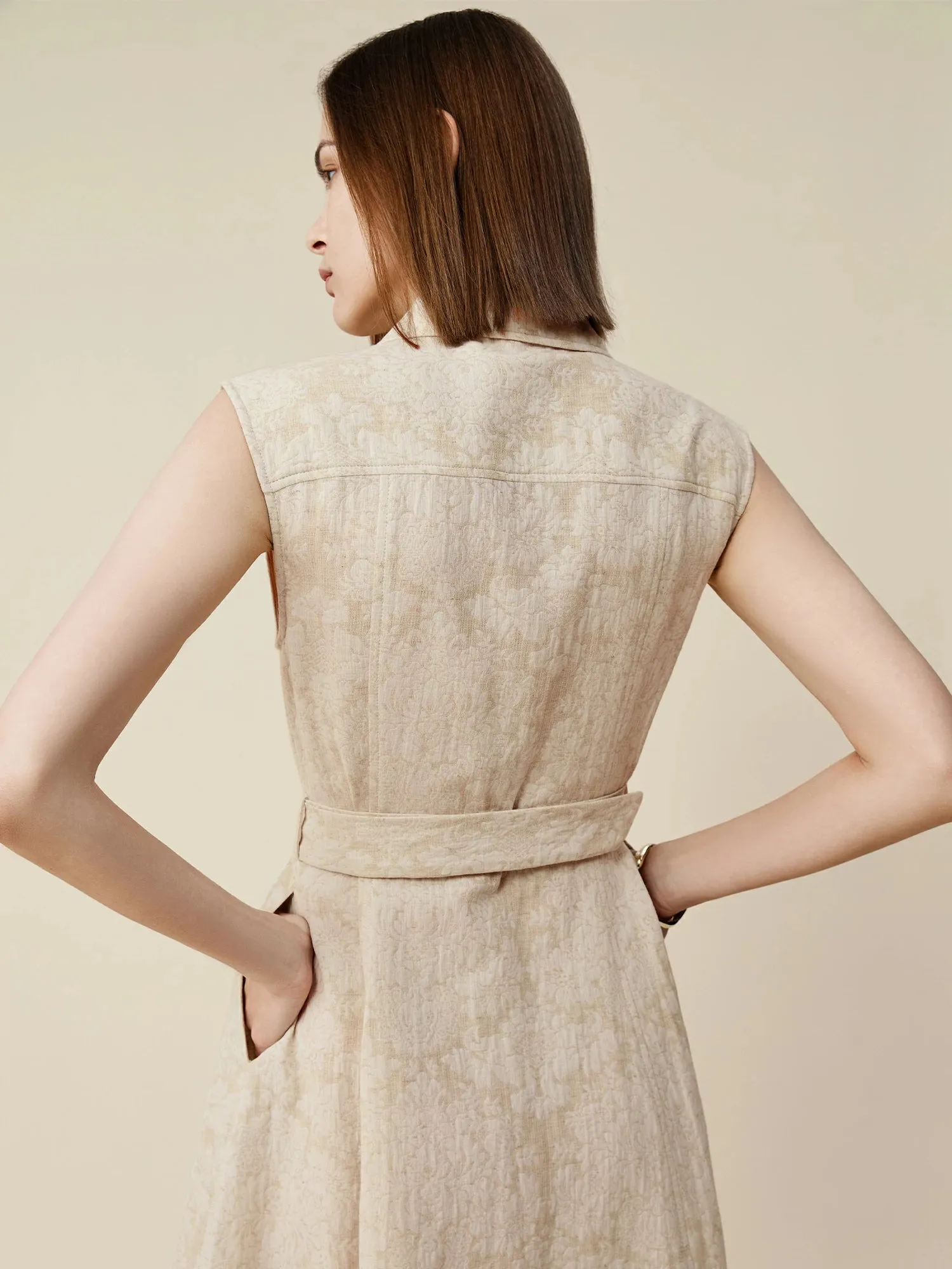 Amoretu Cotton & Linen Lapel Sleeveless Dress