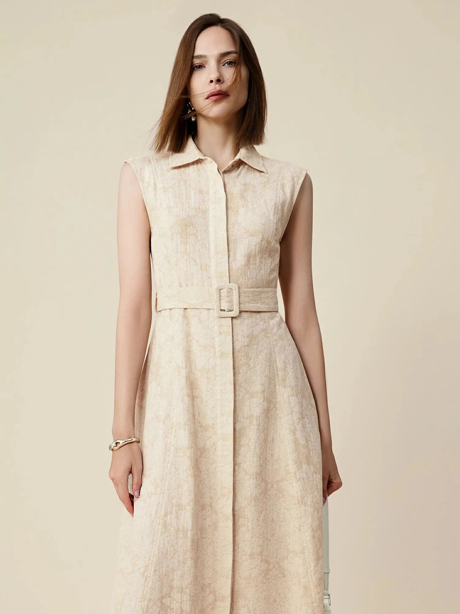 Amoretu Cotton & Linen Lapel Sleeveless Dress
