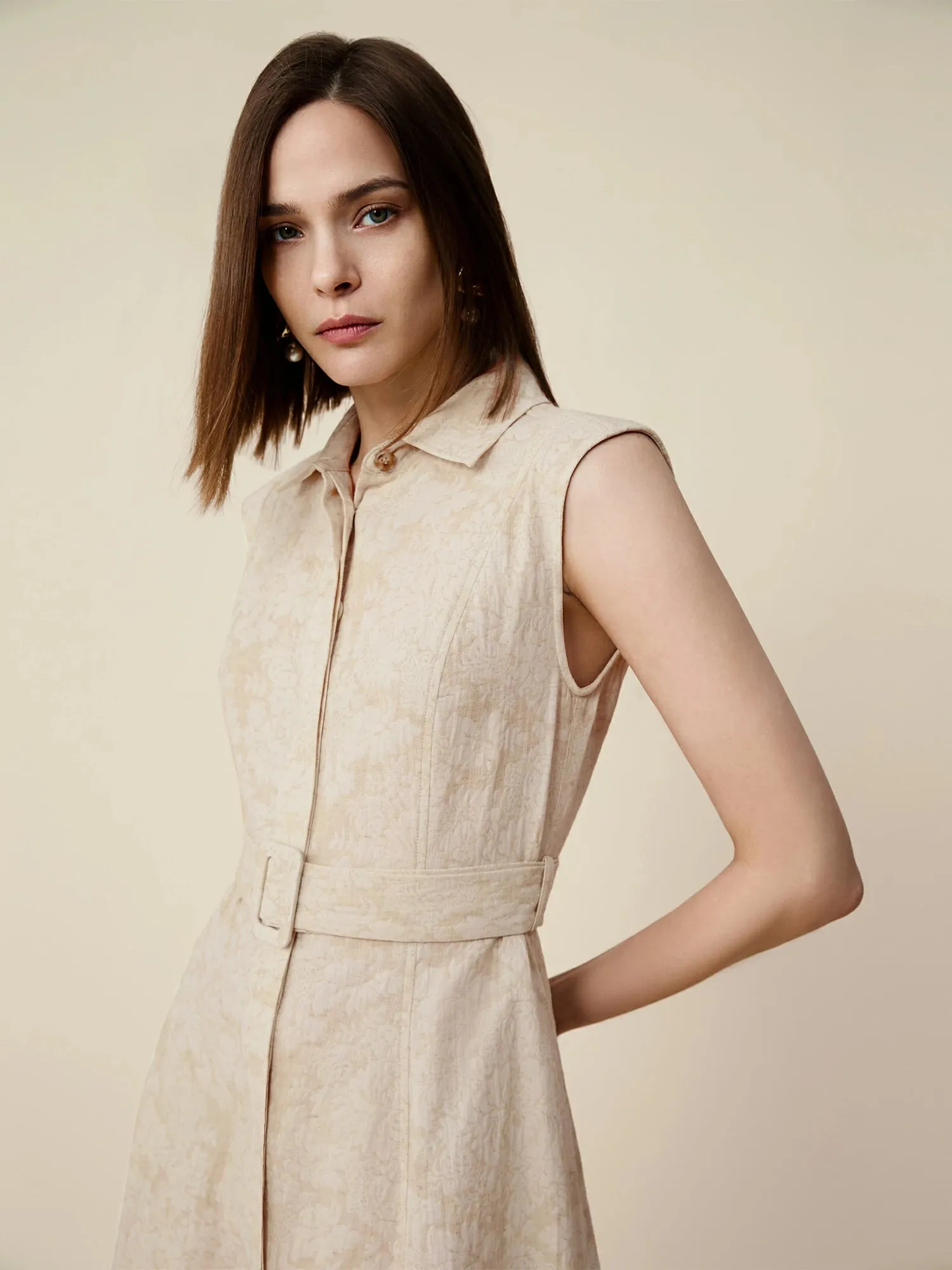 Amoretu Cotton & Linen Lapel Sleeveless Dress