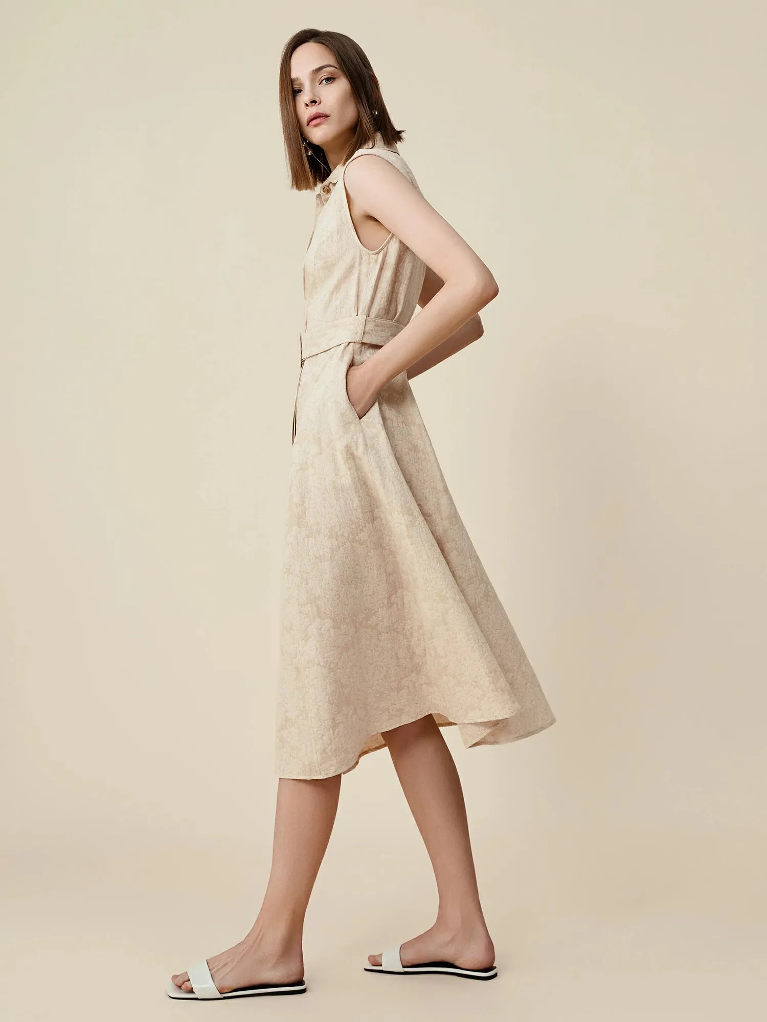 Amoretu Cotton & Linen Lapel Sleeveless Dress