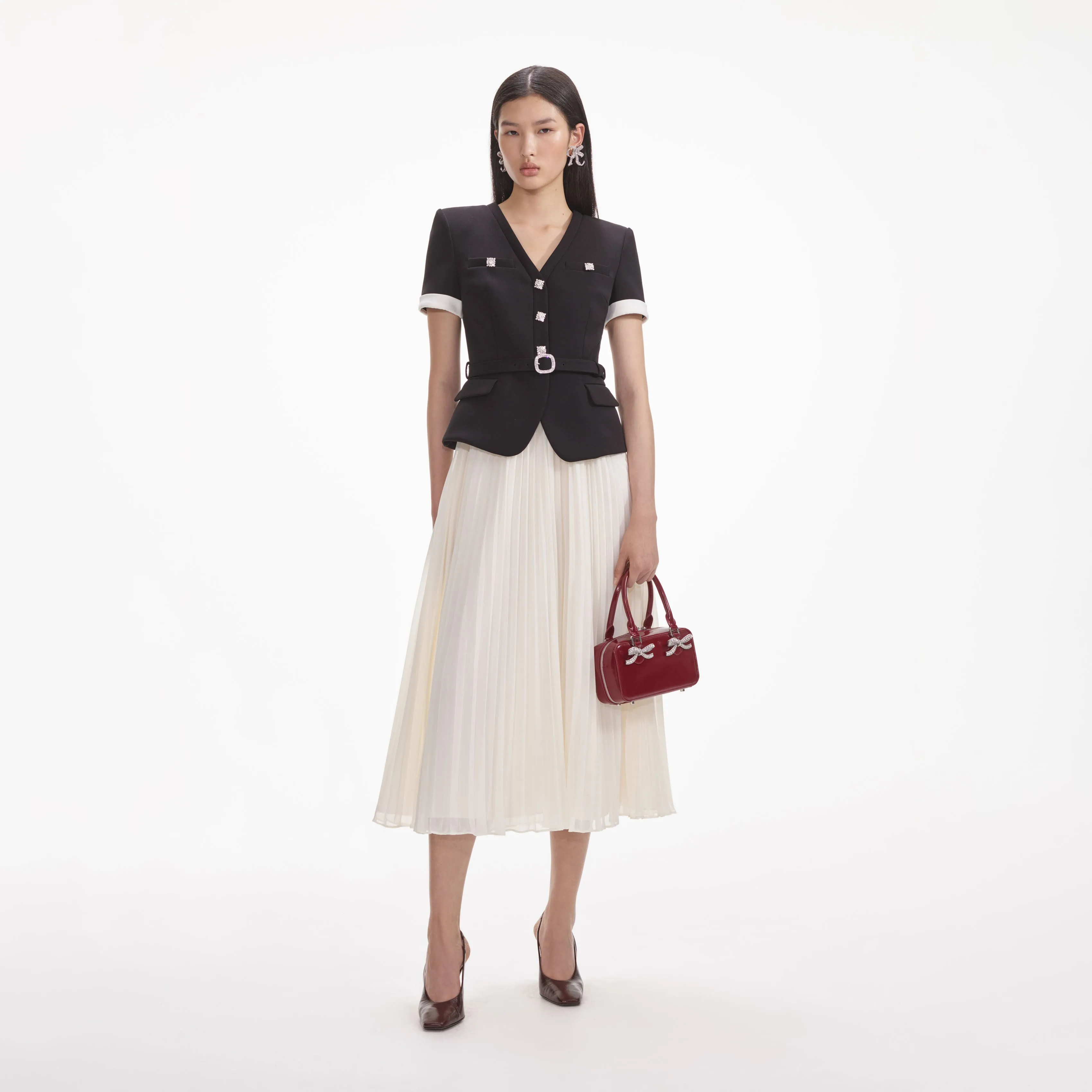 Black Crepe Contrast Chiffon Midi Dress