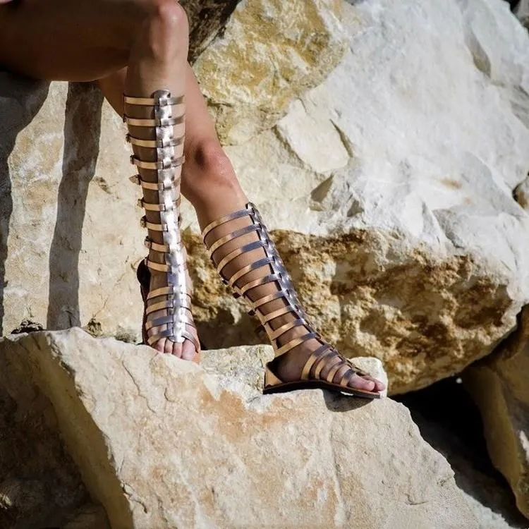 Black gold hollow buckle straps flat gladiator sandals