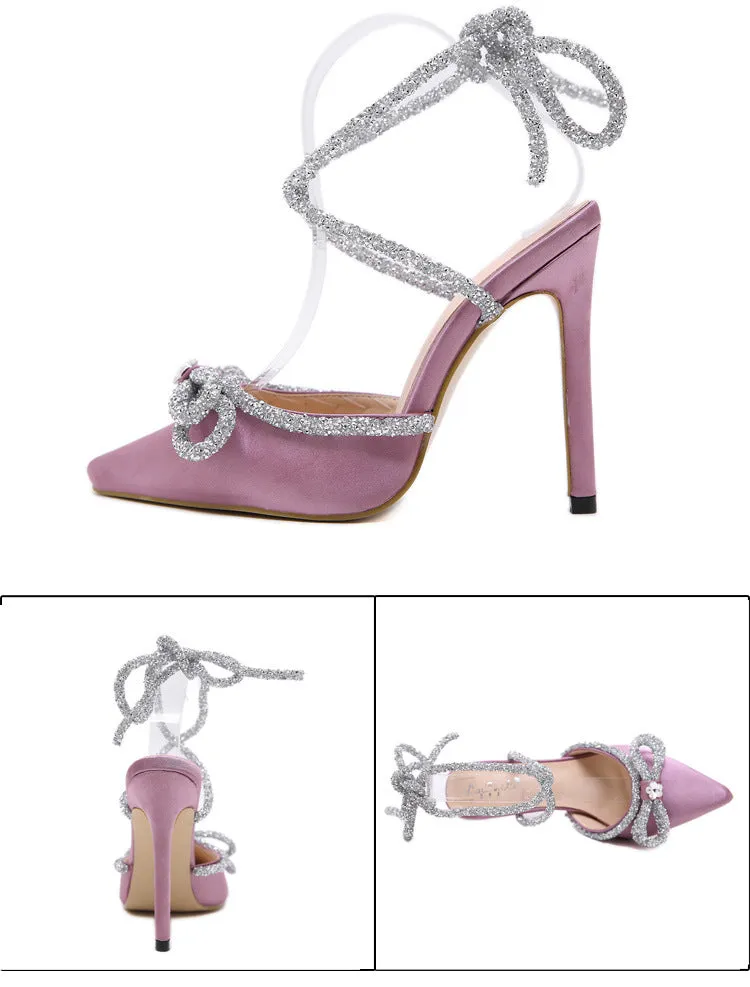 Bow Tie Thin High Heel Pointed Diamond Strapping Sandals