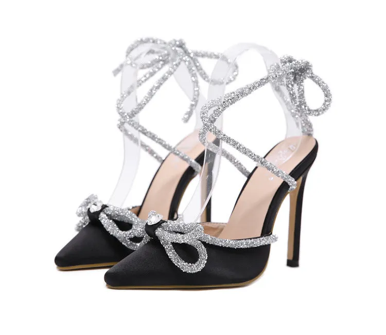 Bow Tie Thin High Heel Pointed Diamond Strapping Sandals