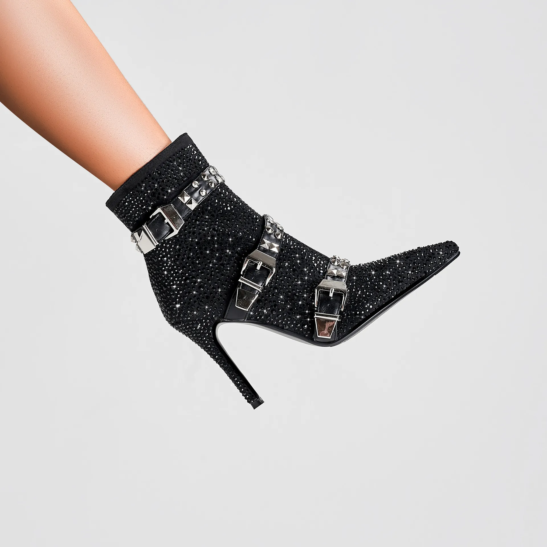 Diamond Belt Buckle Pointed High Heels Women's Short Boots