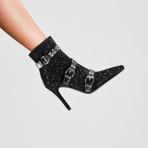 Diamond Belt Buckle Pointed High Heels Women's Short Boots