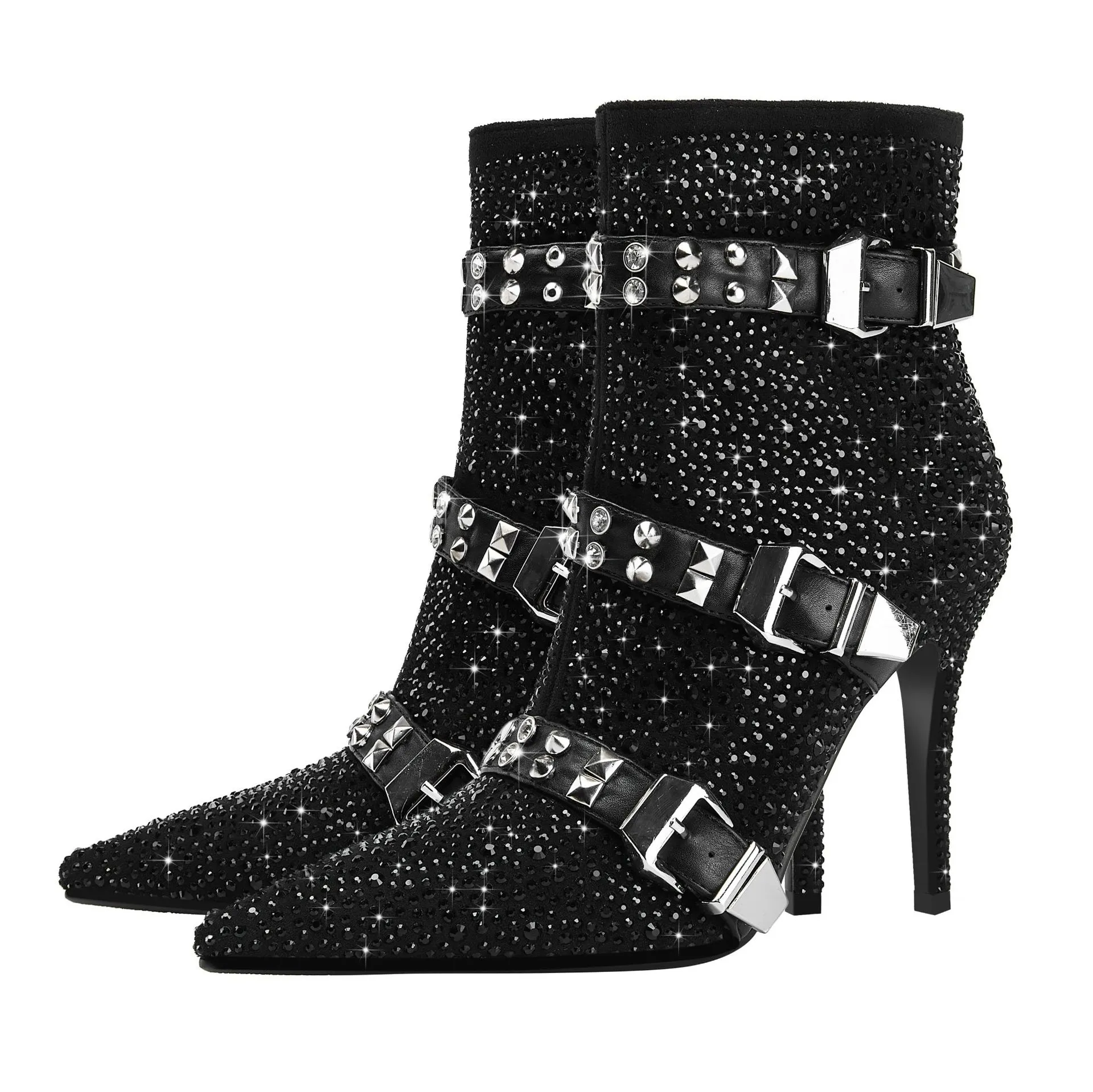 Diamond Belt Buckle Pointed High Heels Women's Short Boots