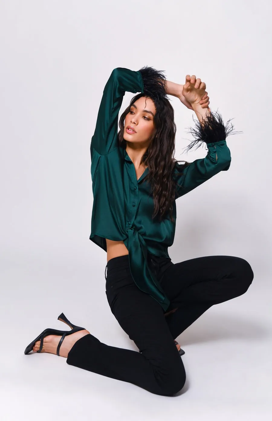 Emerald Satin Feathered Perry Blouse