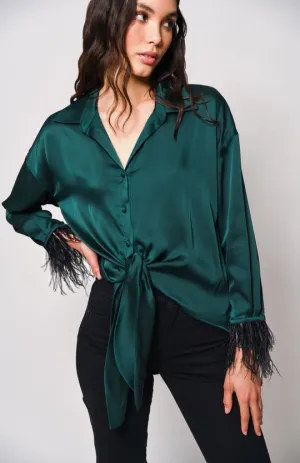 Emerald Satin Feathered Perry Blouse