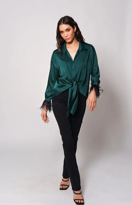 Emerald Satin Feathered Perry Blouse