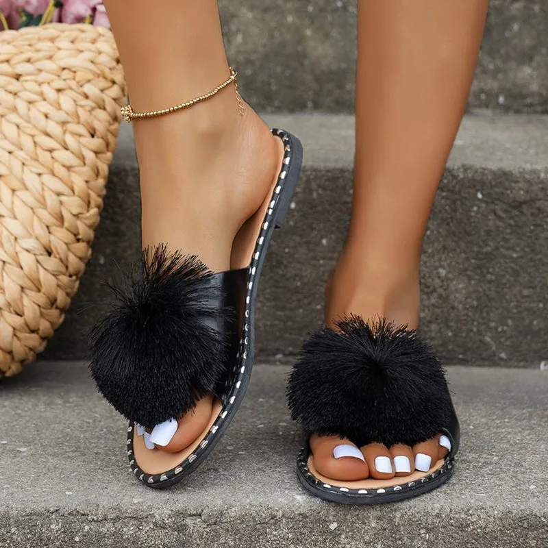 Fur flat sandals beach peep toe cute slide sandals