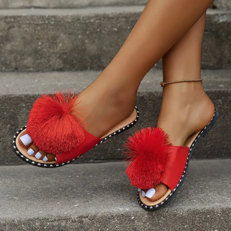 Fur flat sandals beach peep toe cute slide sandals