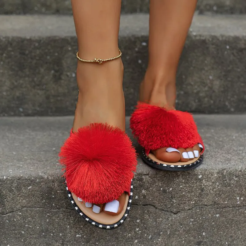 Fur flat sandals beach peep toe cute slide sandals