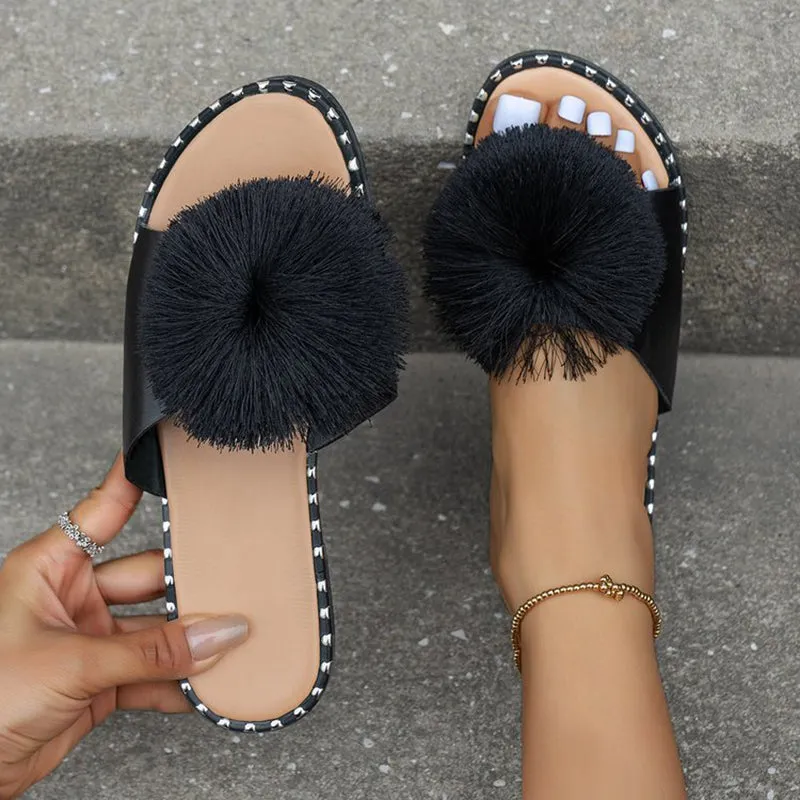 Fur flat sandals beach peep toe cute slide sandals
