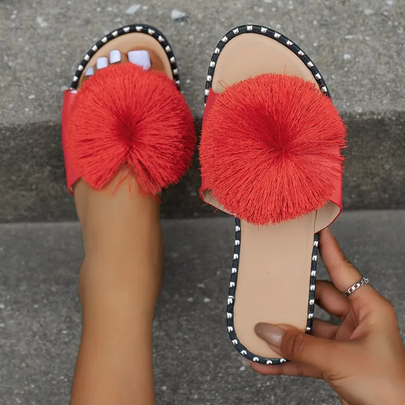 Fur flat sandals beach peep toe cute slide sandals