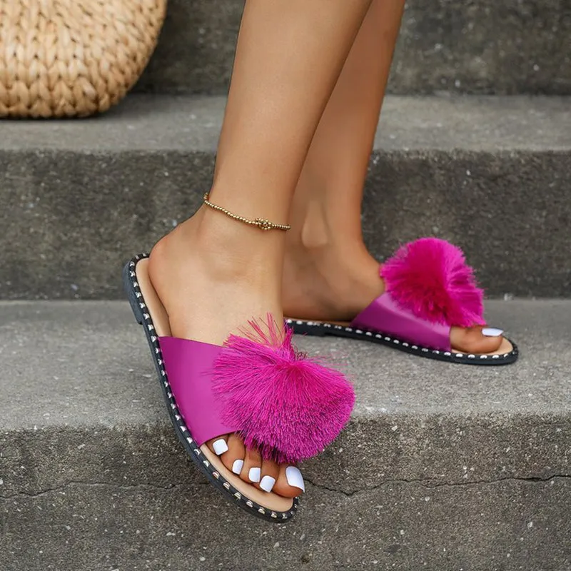 Fur flat sandals beach peep toe cute slide sandals
