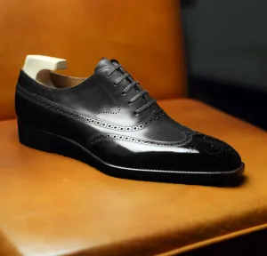 Height Increasing Black Leather Cedara Brogue Wingtip Oxfords - Formal Shoes