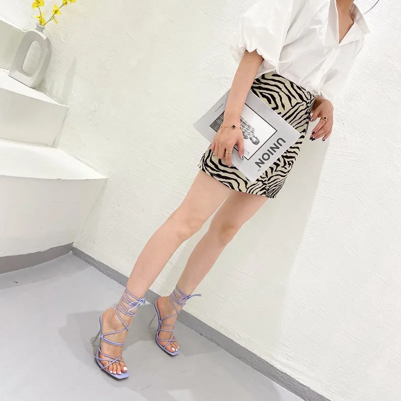 Lace Up Crystal Transparent Thin Heel Lace Up High-Heeled Sandals