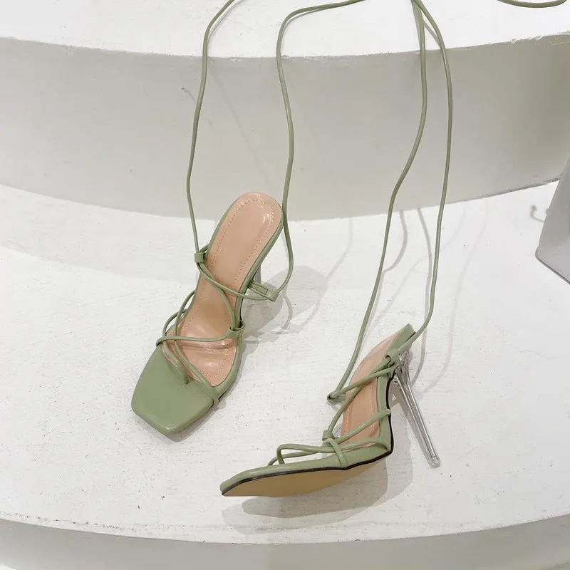 Lace Up Crystal Transparent Thin Heel Lace Up High-Heeled Sandals