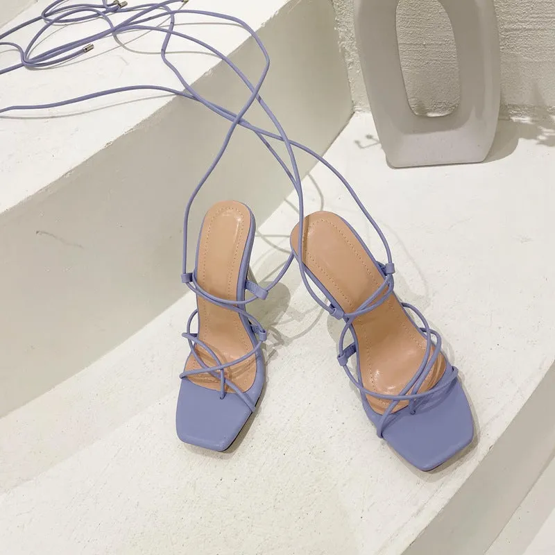 Lace Up Crystal Transparent Thin Heel Lace Up High-Heeled Sandals