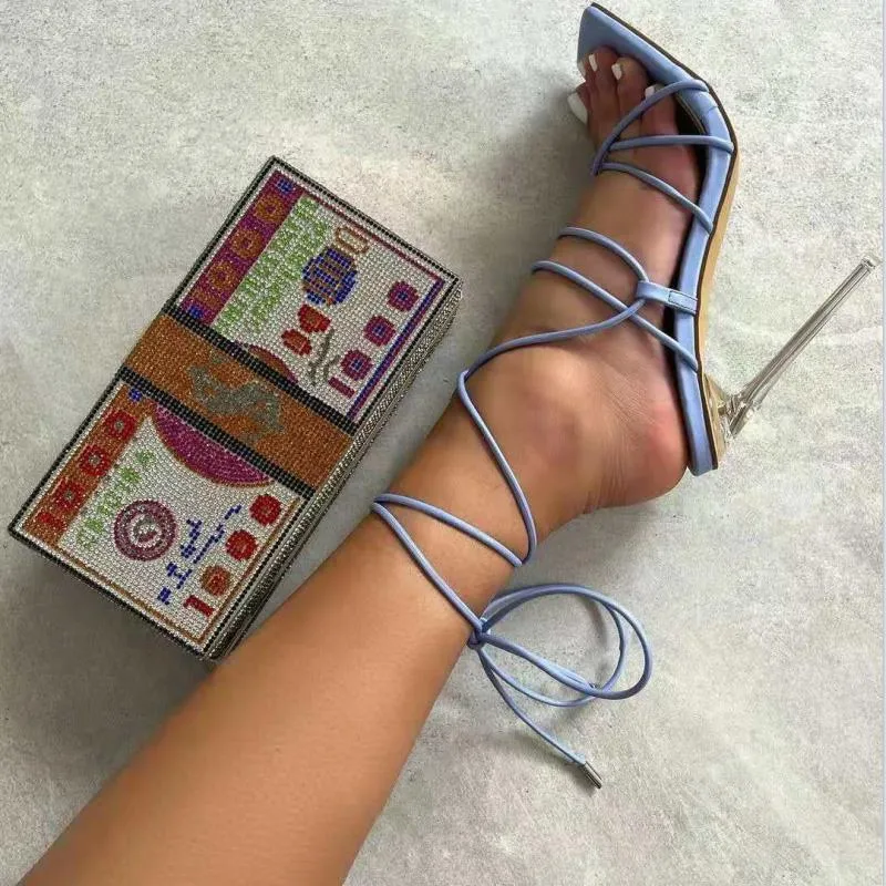 Lace Up Crystal Transparent Thin Heel Lace Up High-Heeled Sandals