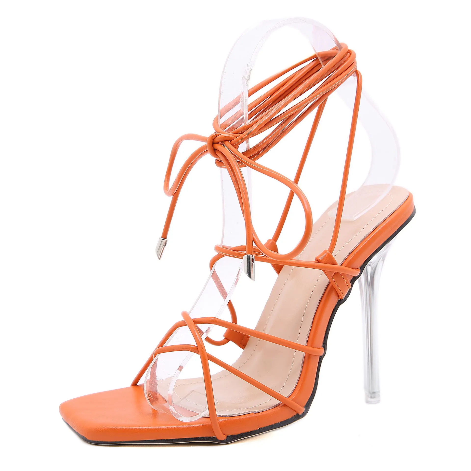 Lace Up Crystal Transparent Thin Heel Lace Up High-Heeled Sandals