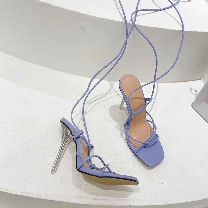 Lace Up Crystal Transparent Thin Heel Lace Up High-Heeled Sandals