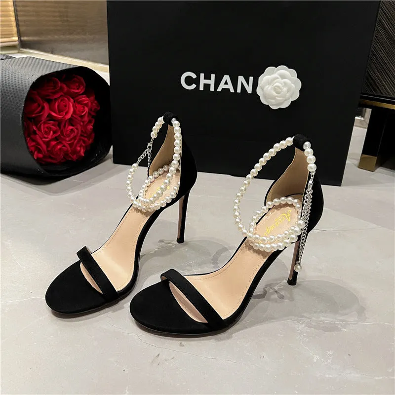 New Black Stiletto Pearl Fashion Sandals