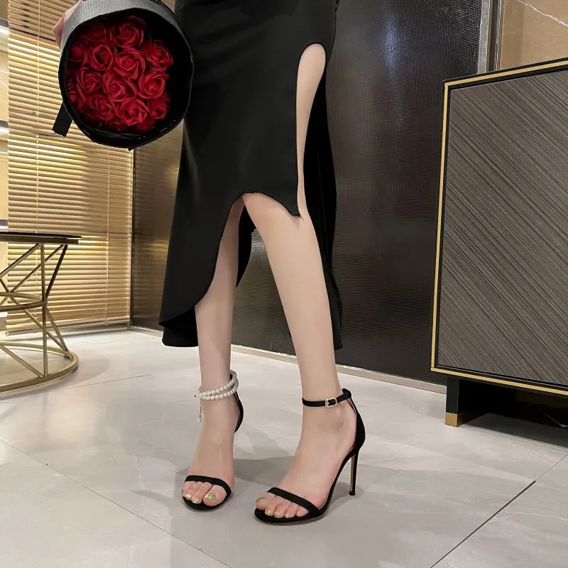 New Black Stiletto Pearl Fashion Sandals