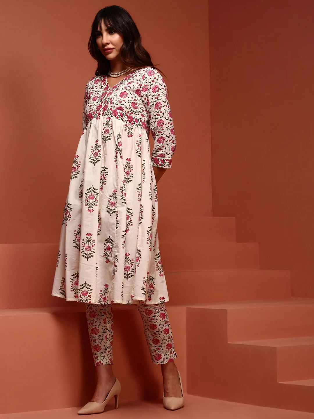 Off-white Floral Printed Kurta Set