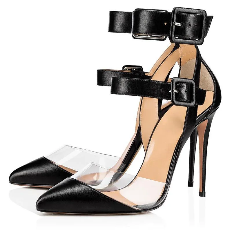 PVC Splicing Pu Buckle Design Stiletto Shoes
