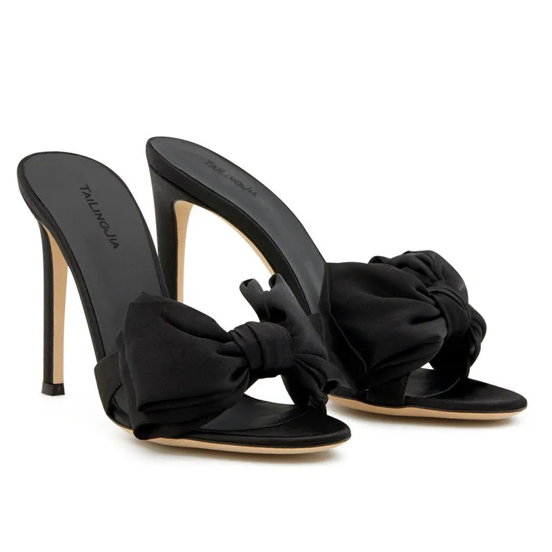 Red And Black Satin Stiletto Muller Slipper Fashion Party Summer Sandals