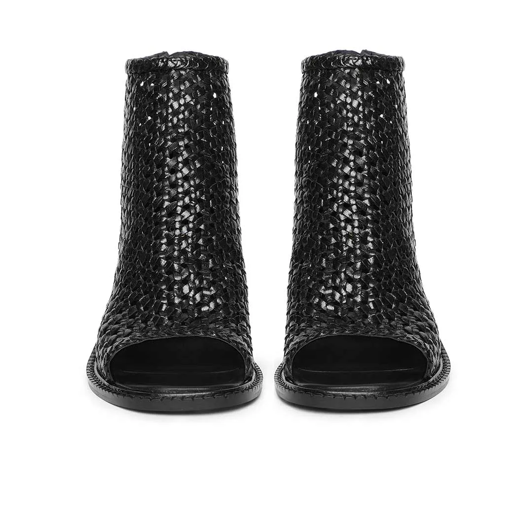 Saint Anna Black Hand Woven Leather Block Heels.