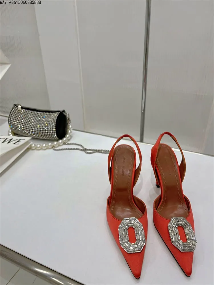 Satin Camelia Slingback Mules rystal buckles highlight sharp pointed toe slingback strap bridal ladies luxury Amina Muaddi shoes