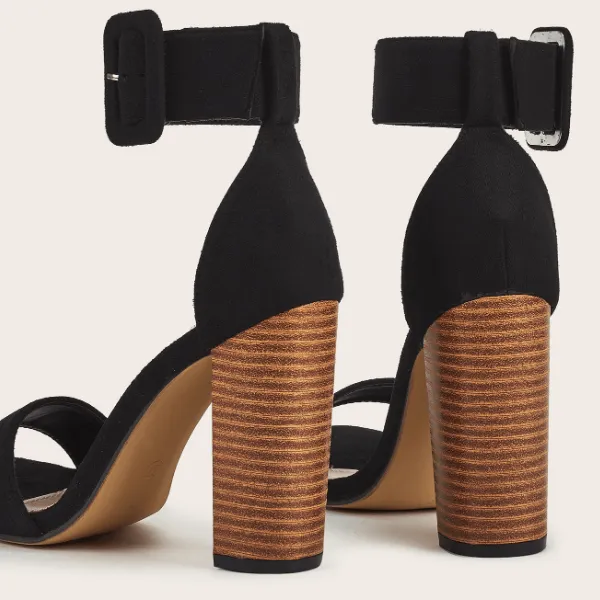 Sexy Black Plain Suede Chunky Heel Buckle Sandals