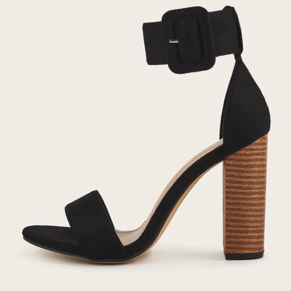Sexy Black Plain Suede Chunky Heel Buckle Sandals