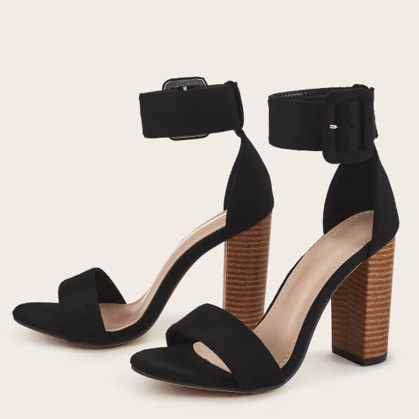 Sexy Black Plain Suede Chunky Heel Buckle Sandals