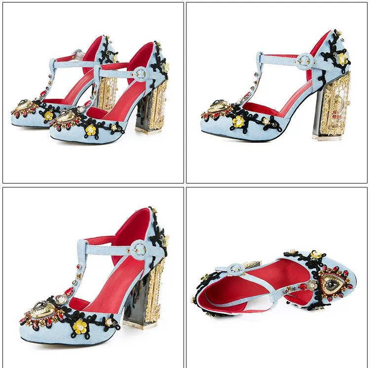 Sexy Rhinestone Buckle Chunky Heel Sandals