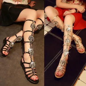 Sexy Rhinestone Cutout Flat Gladiators Sandals