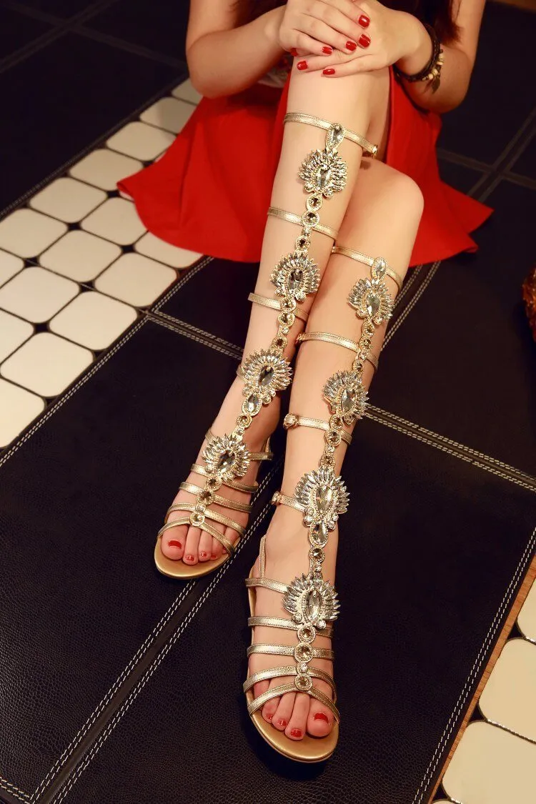 Sexy Rhinestone Cutout Flat Gladiators Sandals