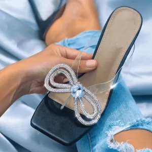 Sexy Rhinestone Square Toe Bow High Heel Sandals