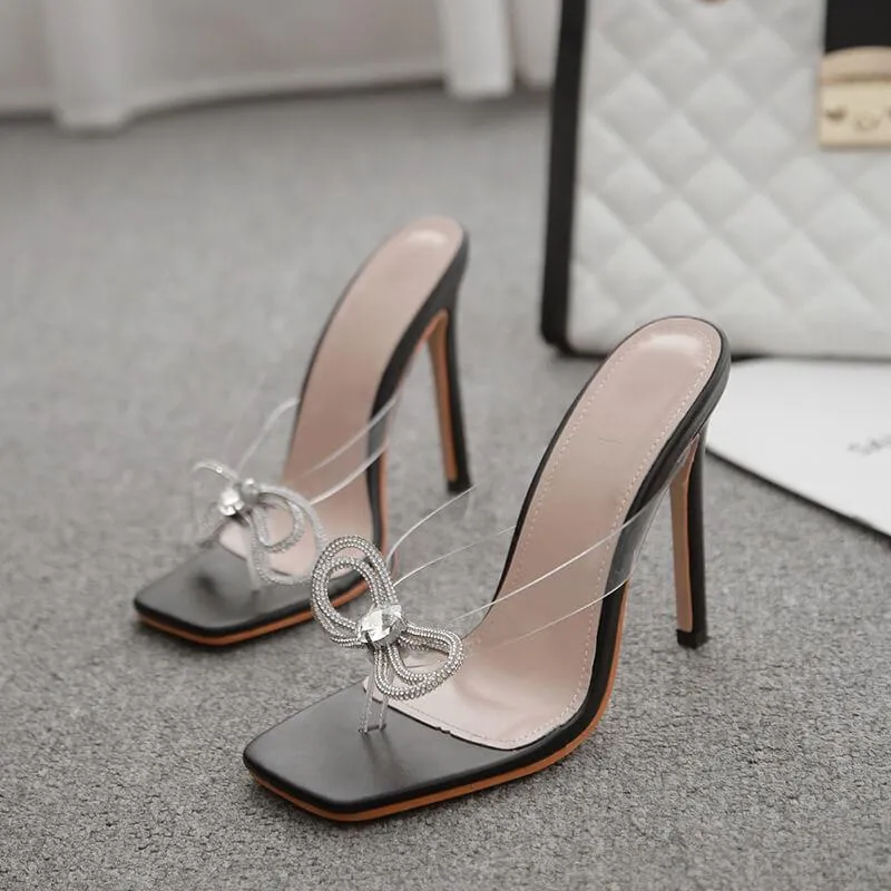 Sexy Rhinestone Square Toe Bow High Heel Sandals