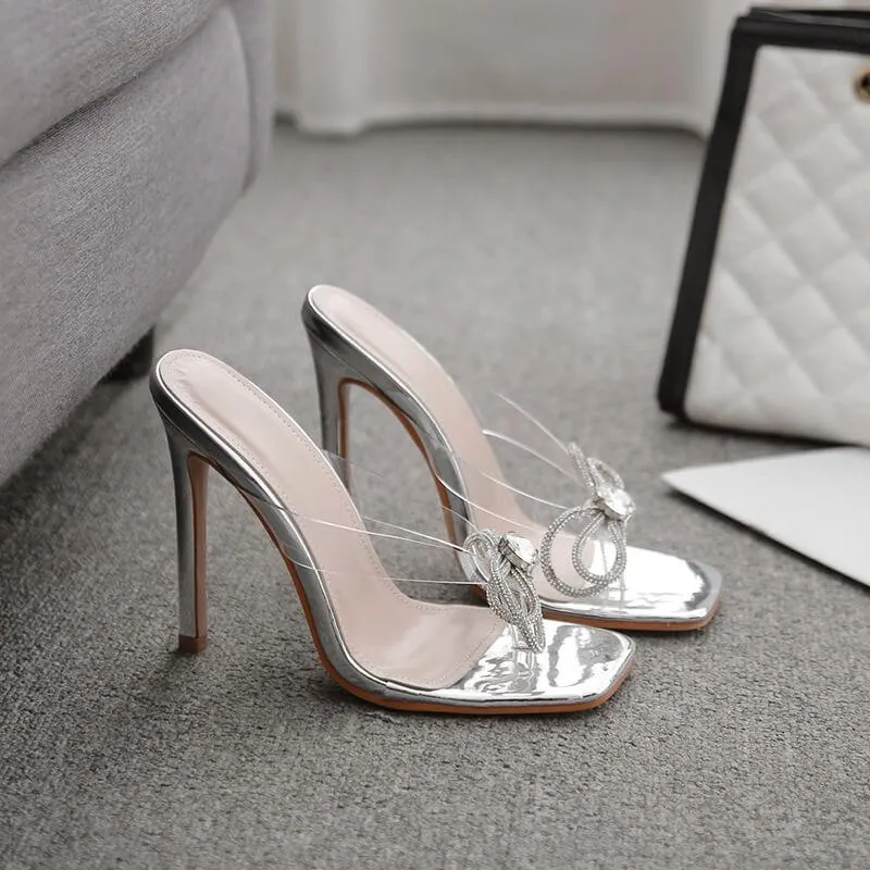 Sexy Rhinestone Square Toe Bow High Heel Sandals