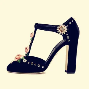 Sexy Suede Flower Rhinestone Chunky Heel Sandals