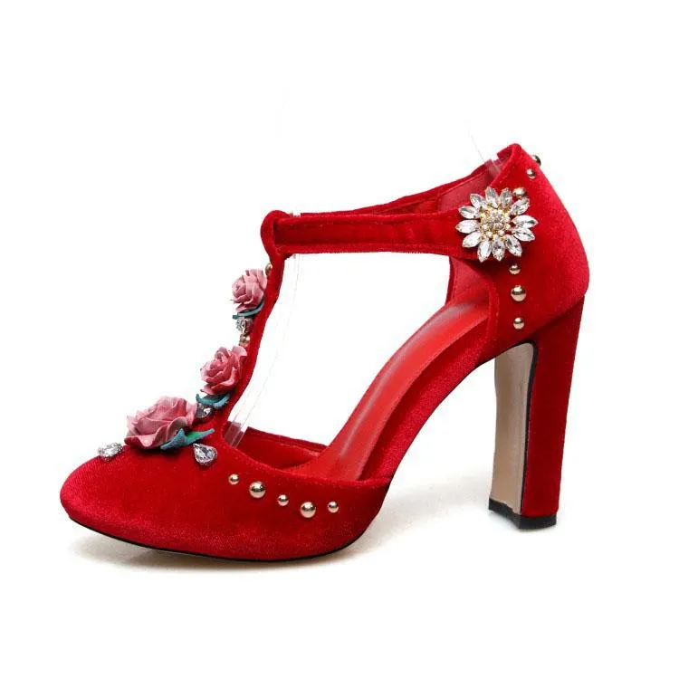 Sexy Suede Flower Rhinestone Chunky Heel Sandals