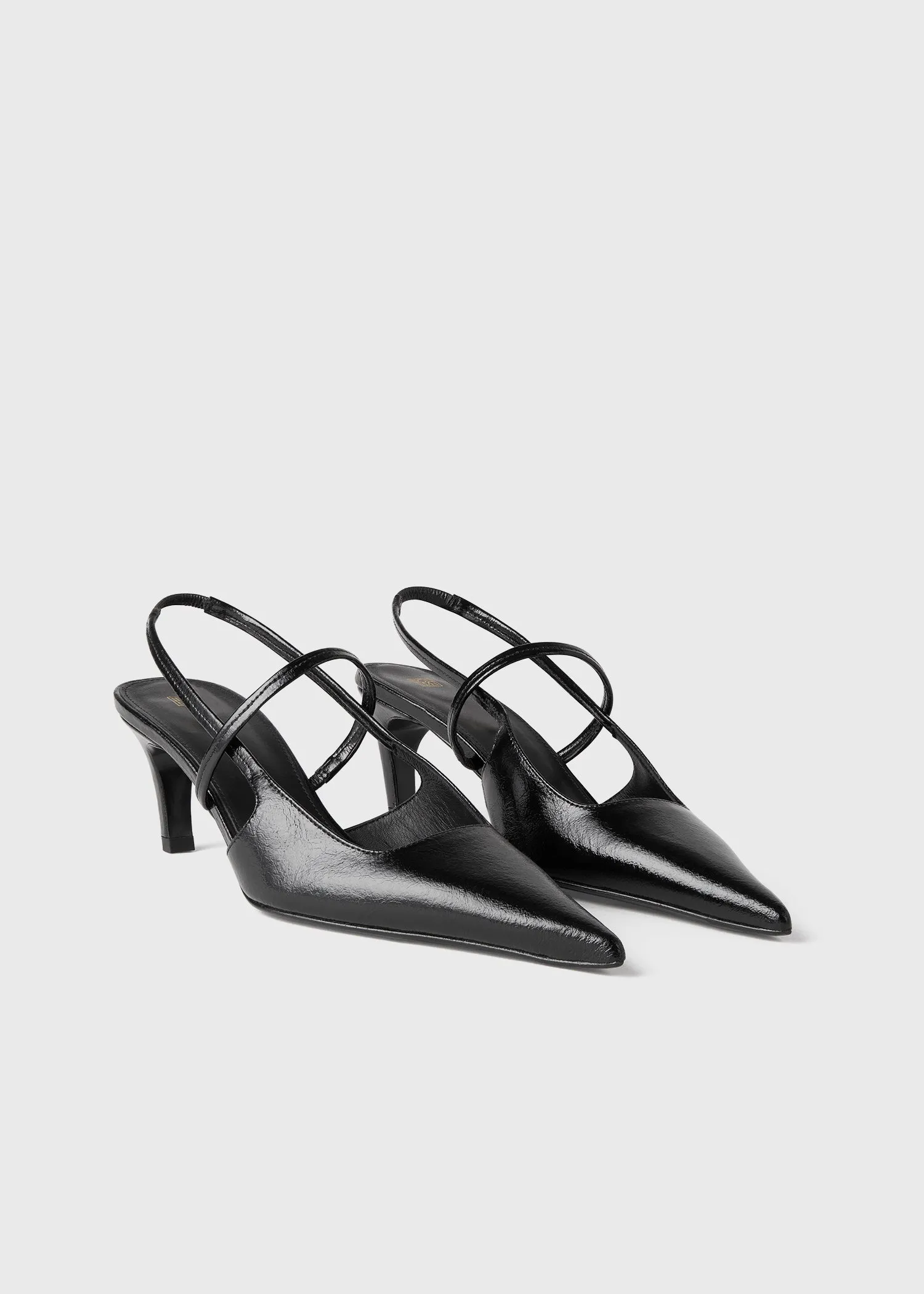 Sharp crackled-leather slingbacks black