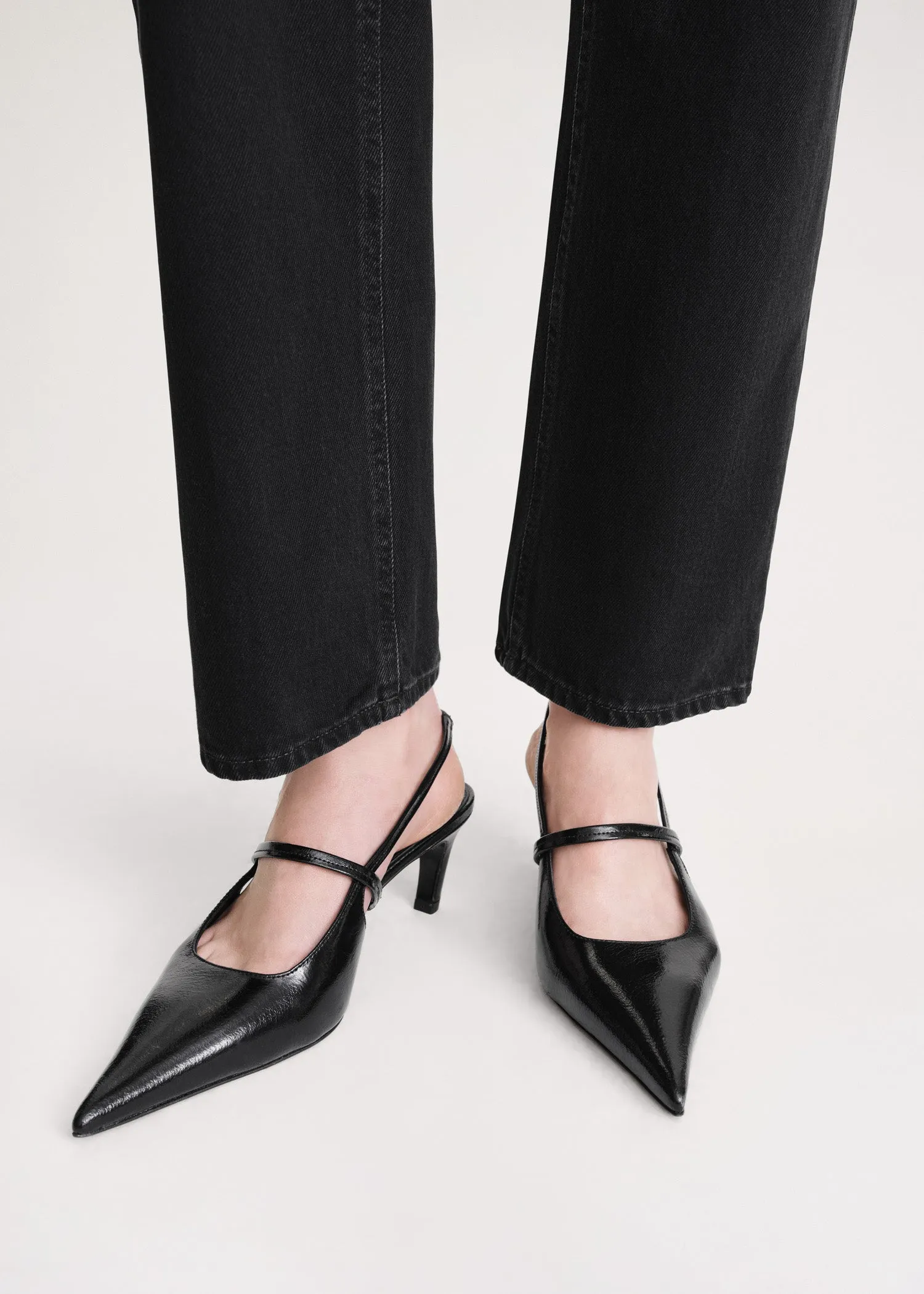 Sharp crackled-leather slingbacks black