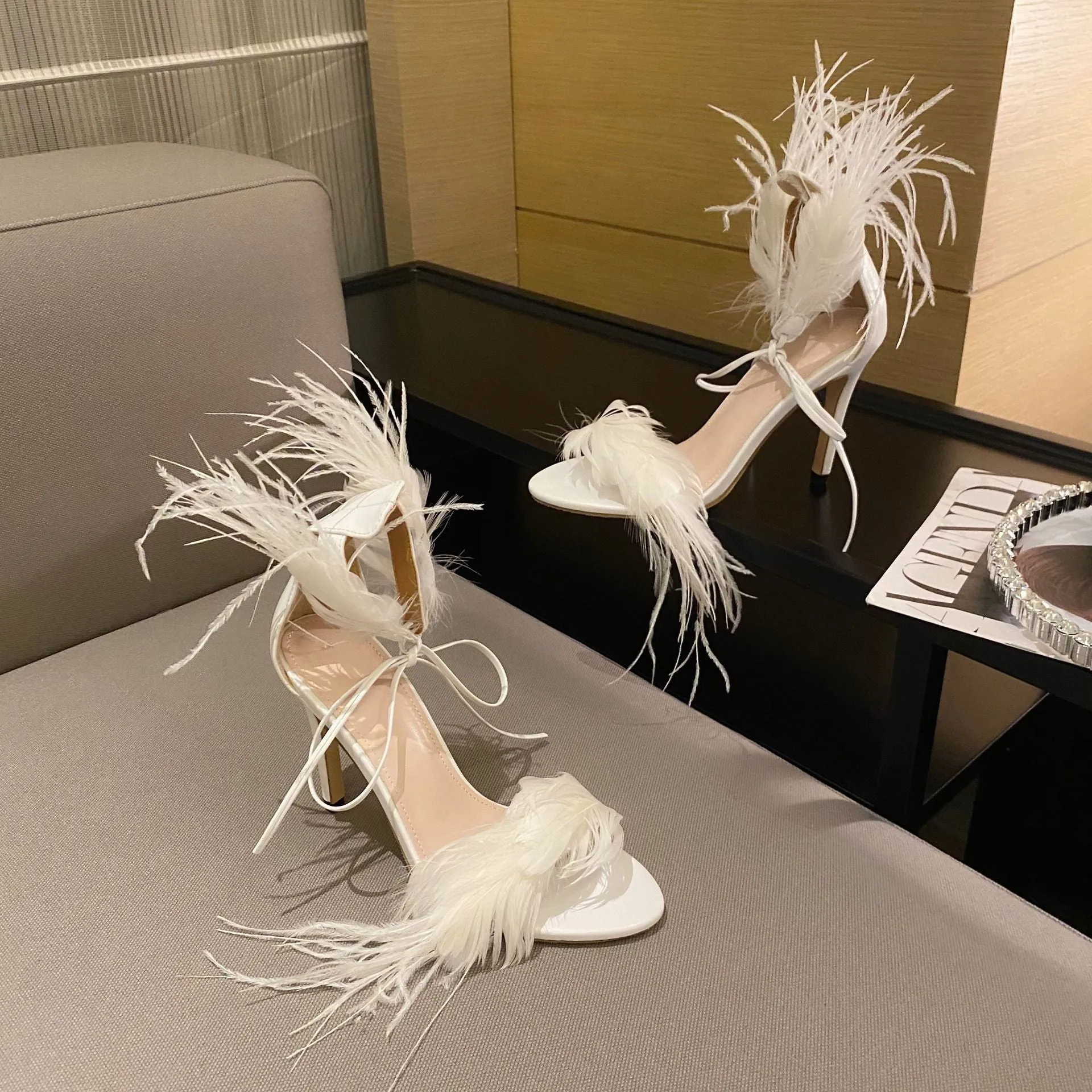 Stiletto Feather Strap High Heel Sandals