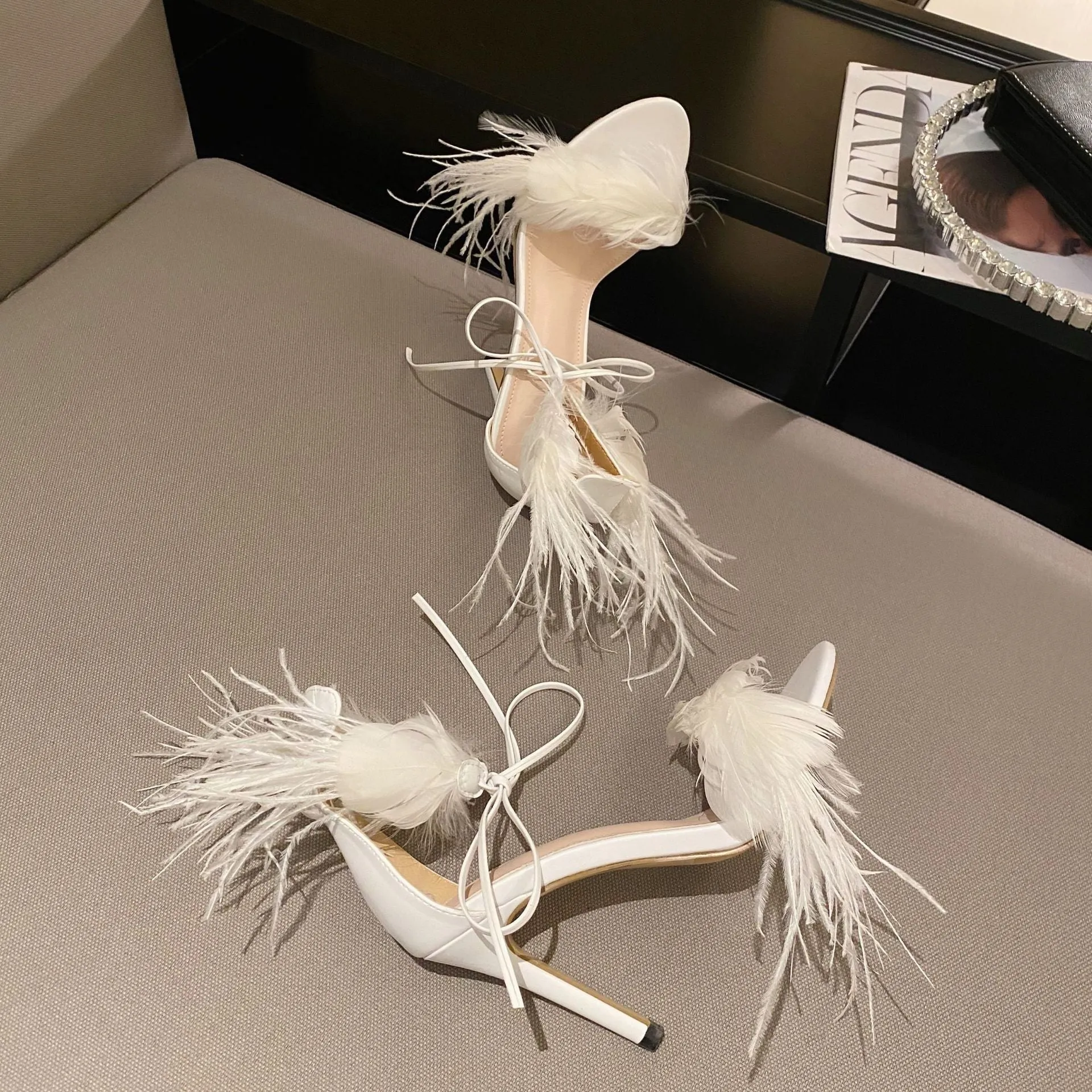 Stiletto Feather Strap High Heel Sandals