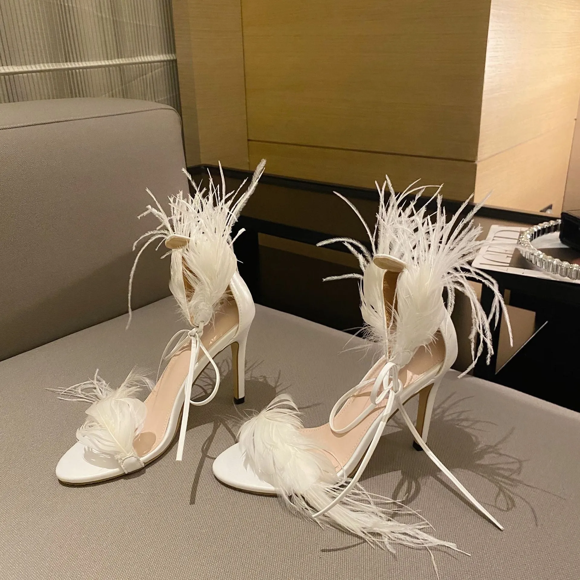 Stiletto Feather Strap High Heel Sandals